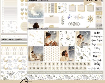 Pegatinas imprimibles para agenda Hobonichi Cousin Weekly Celestial, archivos de corte PDF PNG, descarga digital