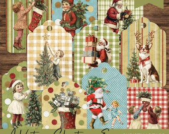 Etiquetas navideñas vintage, adorno navideño retro imprimible de Papá Noel, recuerdos navideños victorianos