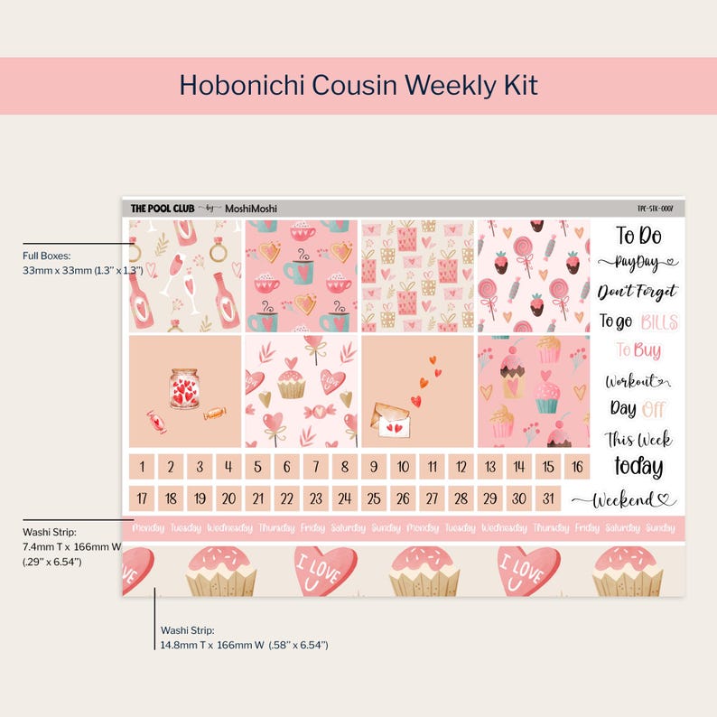 May include: A planner kit for the Hobonichi Cousin, featuring a pink and white color scheme with heart, cupcake, and gift box designs. Includes full boxes (1.3" x 1.3"), washi strips, and functional stickers for weekly planning.