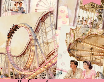 Páginas de diario de feria futurista vintage, pareja retro imprimible, paquete de papel para álbum de recortes de carnaval de los años 50