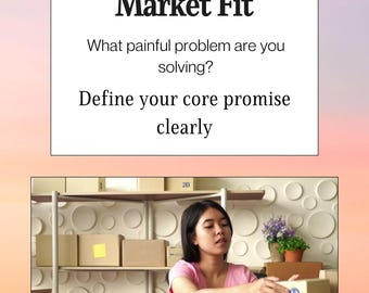 May include: A woman in a pink shirt is packing boxes in a warehouse setting. The image includes text that reads "Validate Product Market Fit" and "Eliminate Assumptions Before You Start Selling."