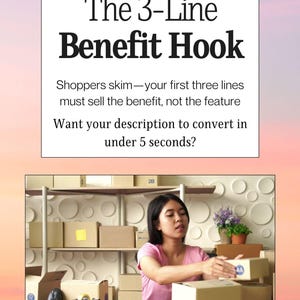 Może przedstawiać: Kobieta w różowej koszuli pakuje pudełka w magazynie. Obraz zawiera tekst "The 3-Line Benefit Hook" i "Zacznij dobrze poranek..." bije "Ten kubek mieści 473 ml." za każdym razem.