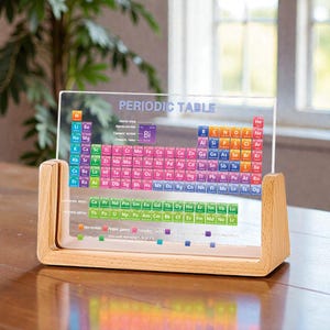 May include: A clear acrylic Periodic Table display with colorful element symbols and names. The table is supported by a light-colored wooden base. The text "PERIODIC TABLE" is at the top.
