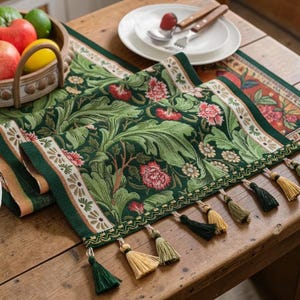 Bordlöpare med växtmotiv och tofsar – Jacquard-matrumsdekoration – Köksfestdekoration
