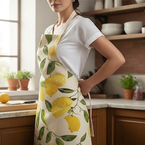May include: A kitchen apron with a lemon design. The apron has a light beige background with illustrations of yellow lemons and green leaves. The apron is worn by a person in a white t-shirt.