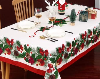 Christmas Tablecloth ,Festive Holly, Poinsettia, Ribbon Design