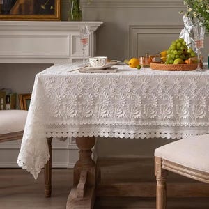 White Embroidered Lace Tablecloth |  Wedding Table Cover | Vintage Farmhouse Table Decor