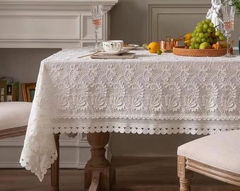 Weiße bestickte Spitzen Tischdecke |  Hochzeit Tischdecke | Vintage Bauernhaus Tischdekoration