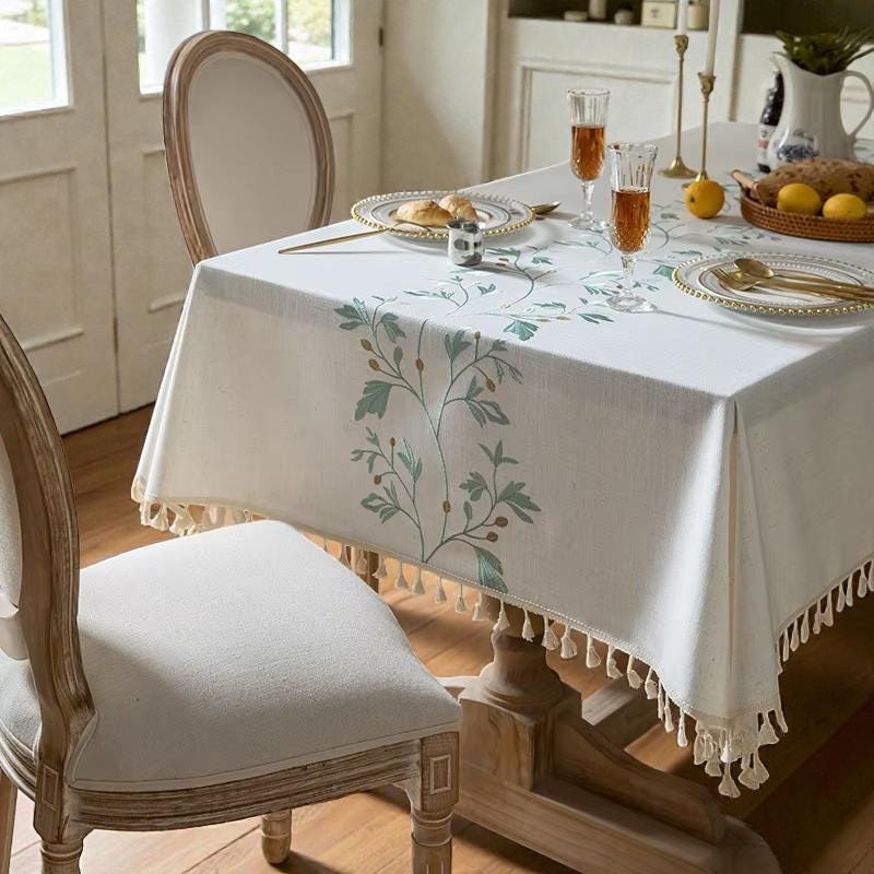 Linen Tablecloth with Botanical Embro...
