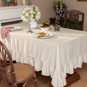 Tovaglia in lino con volant – Copritavolo rettangolare a tinta unita per matrimoni, picnic, feste, decorazioni per la casa e ristoranti (1 pezzo)