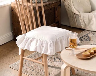 Stuhlkissenbezug aus 100% Baumwolle im französischen Stil - Waschbarer Sitzbezug mit Rüschenriemen, künstlerisches Wohndekor