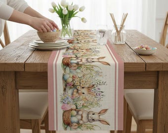 Camino de mesa con diseño de huevos de Pascua: acuarela floral con rayas rosas, decoración primaveral.