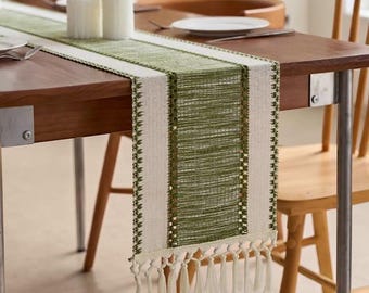 Nordic Boho Green Striped Table Runner, Handwoven Tassel Table Decor, Rustic Farmhouse Spring Table, Coffee Table Runner
