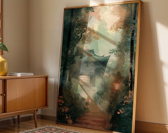 Japanese Inspired Wall Art Print, Misty Forest Temple Landscape, Framed, Unframed or Canvas Prints