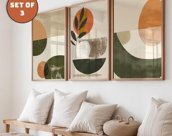 Set of 3 Wall Art Prints, Boho Abstract Gallery Wall Set, Olive Green Terracotta Neutral Decor, Framed or Unframed