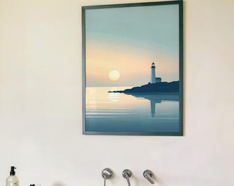 Lighthouse Wall Art Print, Seaside Kitchen Print / Coastal Poster, Bathroom Wall Art, Framed or Unframed Options, Various Sizes