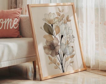 Neutral Floral Botanical Art Print | Beige Blooms Living Room Wall Art | Various Sizes | Unframed and Framed Options