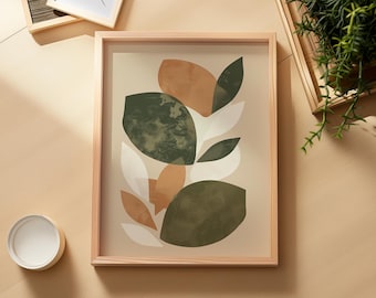 Botanical Leaf Wall Art Print, Olive Green Neutral Decor (Framed, Unframed, Canvas)