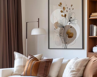 Neutral Floral Wall Art Print, Botanical Line Art Decor | Framed, Unframed Canvas
