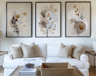 Set of 3 Botanical Wall Art Prints, Neutral Beige Floral Wall Posters Trio, Soft Modern Bedroom Decor, Framed or Unframed