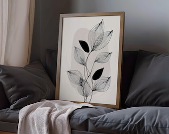 Botanical Line Art Print, Minimalist Leaf Wall Art (Framed, Unframed, Canvas)