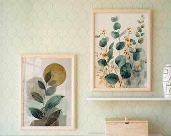 Set of 2 Botanical Wall Art Prints, Bathroom Prints and Kitchen Decor, Eucalyptus and Golden Leaf Art Poster Print - Unframed/Framed Options