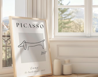 Picasso "Lump" Le Dachshund Print, Minimalist Line Art Print, Neutral Wall Art, Modernist Black and White Poster, Framed or Unframed