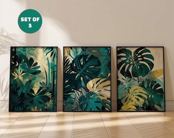 Set of 3 Tropical Leaf Prints, Green Botanical Wall Art, Jungle Print Set, Framed or Unframed Gallery Wall Decor