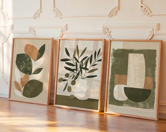 Wall Art Set of 3 – Terracotta and Green Abstract Prints – Kitchen Prints Trio – Pottery Prints and Olive Branch Decor - Framed or Unframed