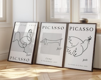 Set of 3 Pablo Picasso Prints, Black and White Line Art, Gallery Wall Set | Framed and Unframed | A4, A3, A2, A1