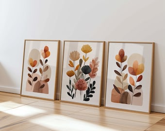 Set of 3 Botanical Prints, Boho Wall Art Trio, Floral Art Posters, Living Room Decor (Framed/Unframed)