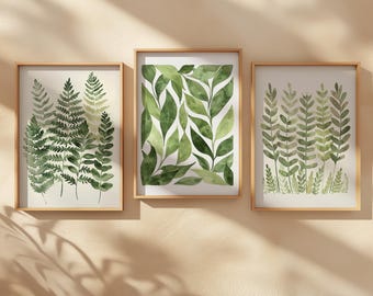 Set of 3 Fern Botanical Prints -  Soft Green and Neutral Tones – Modern Nature Wall Decor – Framed or Unframed