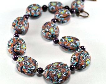 Violet Purlple Millefiore, Multi-Colored,  Patterned Chunky Necklace