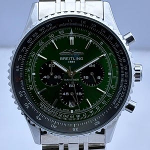 Vintage Breitling 1884 Navitimer Chrono Quartz Green Dial, Stainless Steel Case & Bracelet, Rotating Bazel, Date/Sub-Sec Working Men's Watch
