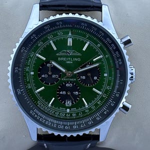 Vintage Breitling 1884 Navitimer Chrono Quartz Green Dial, Silver Case, Black Leather Strap, Rotating Bazel, Date/Sub-Sec Working Men Watch