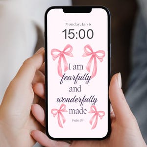 Christian iPhone Wallpaper. Girly Bible Verse Lock Screen. Aesthetic Bow Scripture Phone Background. Pink Faith Wallpaper Psalm 139 Digital