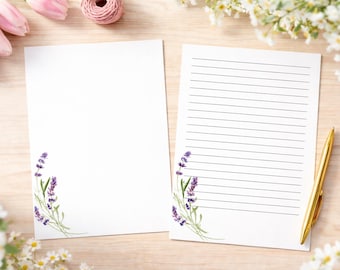 Carta da lettere stampabile con fiori di lavanda / Carta da lettere a righe e non a righe / Carta da lettere Cottagecore / Download immediato