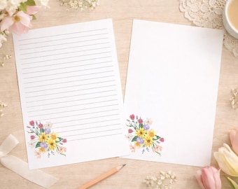 Lenteboeket bloemen briefpapier afdrukbaar | Gelinieerd en ongevoerd briefpapier | Cottagecore-dagboekpagina's | Digitale download