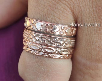 Handcrafted Copper Stacking Rings Set | Vintage Pattern, Floral & Heart Motifs