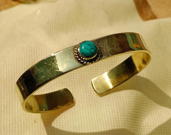 Handmade Brass Turquoise Cuff Bracelet – Boho Gemstone Bangle