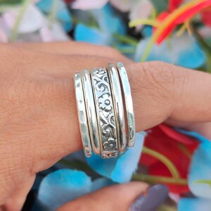 Sterling Silver Stacking Rings Set, Hammered Floral Boho Bands