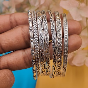 Sterling Silver Stacking Bangles | Set of 7 Floral Etched Bracelets