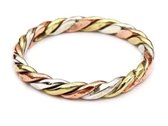 Tri-Color Twist Ring • Gold, Rose Gold, Silver Braided Band