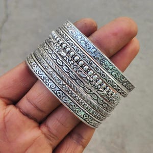 Oxidized Sterling Silver Bangle Set | Carved Boho Bracelets