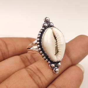 Handmade Cowrie Shell Ring, Sterling Silver, Boho Beach Jewelry, Coastal Statement Ring