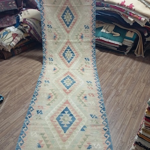 Peut inclure: Un tapis de couloir rectangulaire crème avec un motif de losanges répété en bleu, rose et vert. Le tapis a une bordure bleue et des franges en haut et en bas. Le tapis est exposé sur un sol en bois.