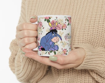 Cute Eeyore Personalised Flower pattern 11oz Mug, Fun Gift for Eeyore Lovers, Birthday Celebration, Colour changing Coffee Tea Cup MugBI3