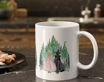 Glinda and Elphaba in Oz country, Changed For Good, Defying Gravity Mug, ColourChanging, Broomstick Magic Wand, Wicked Fan, Pink Green 11oz