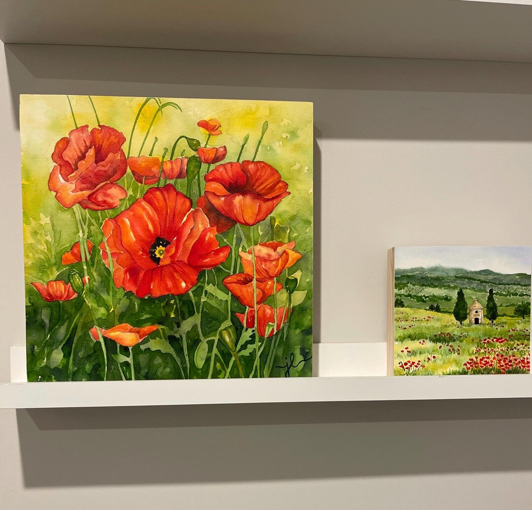 Italian Red Poppies Watercolor Painting, Tuscan Art 12x12 - Etsy