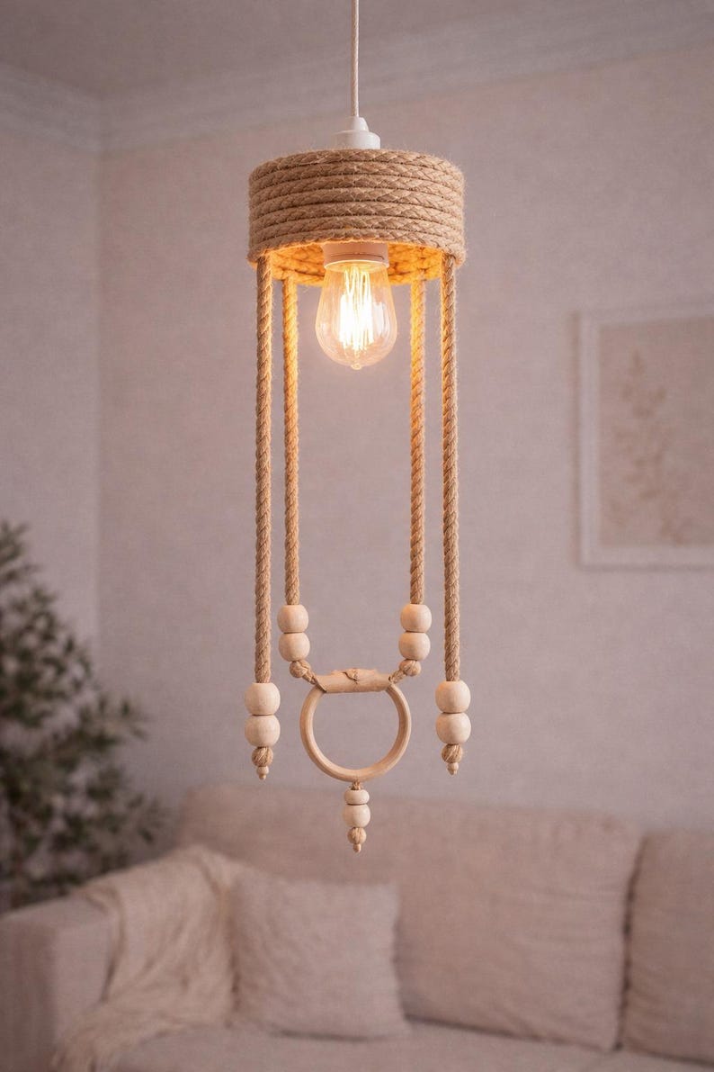Rustic Rope Central Light Handmade Rope Pendant Light With Wooden Beads | Rustic Boho Farmhouse ...